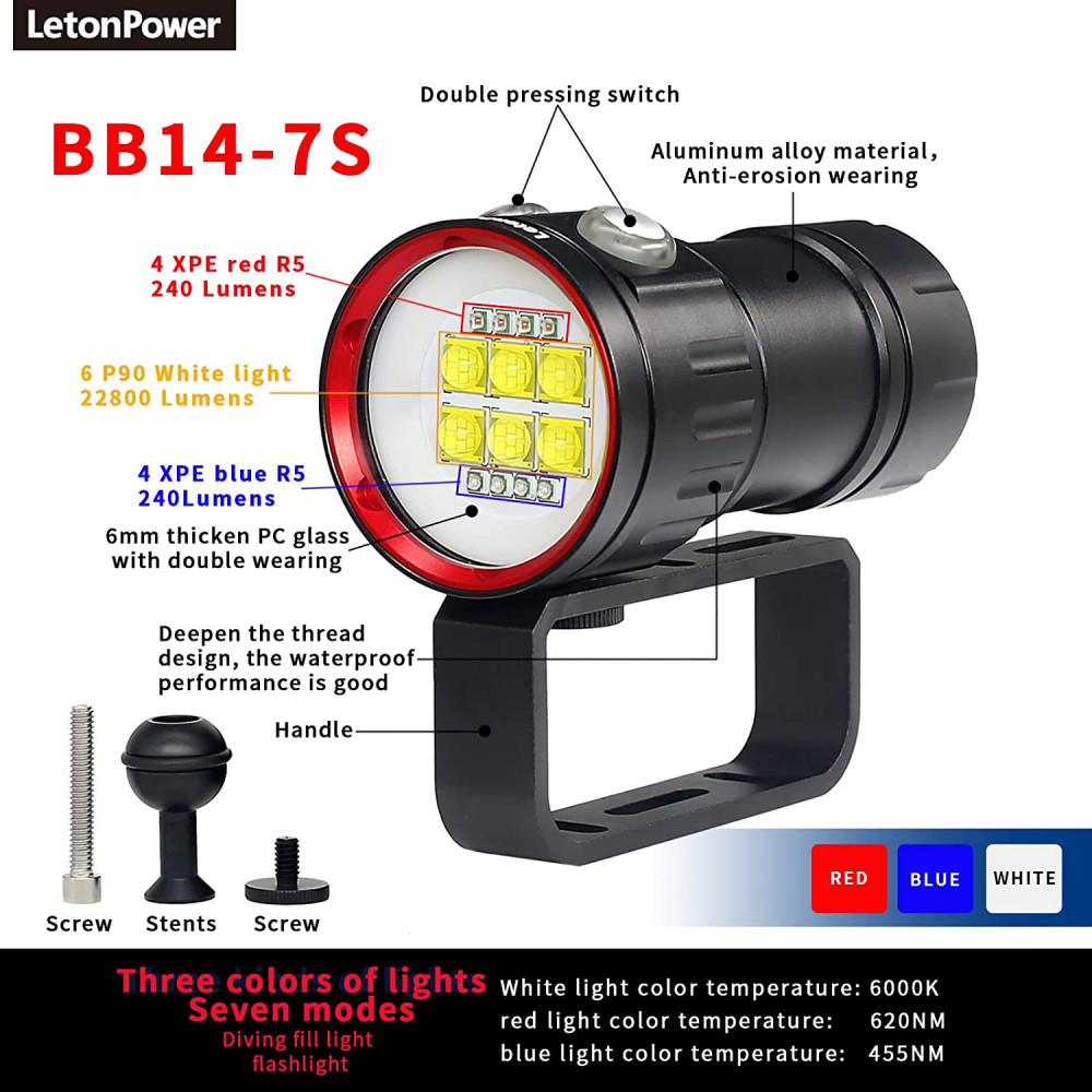 LetonPower Diving Flashlight 22800Lumens Super Bright Light White,red