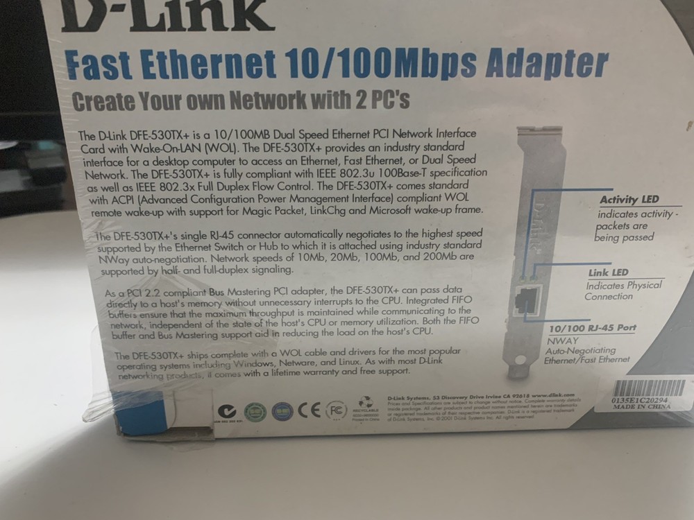 D-Link 10/100Mb Fast Ethernet Adapter Computer DFE-530TX+ Plug & Play Install
