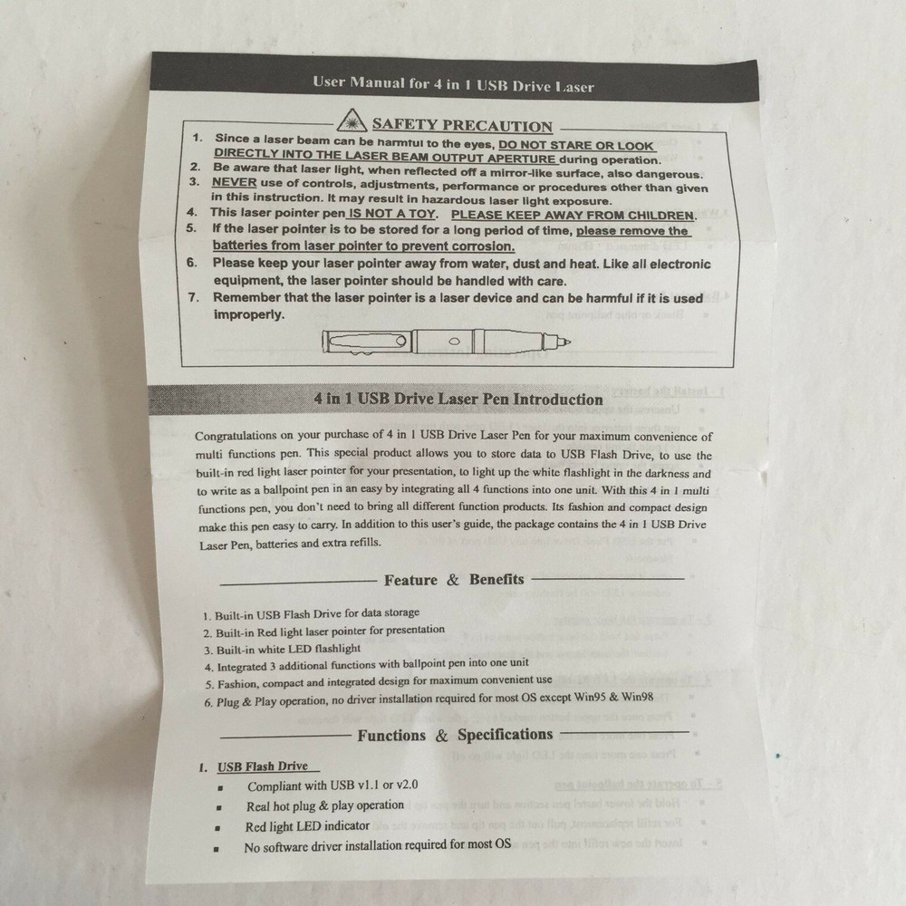 Executive Pen Drive USB, Laser Pointer, Flashlight, Ballpoint Pen, NOS 4 in 1