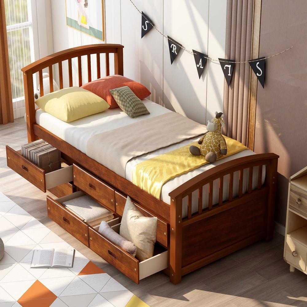 Twin Size Platform Storage Bed Solid Wood Bed Walnut