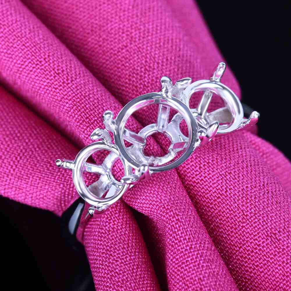 Solid 10K White Gold Three-Stone 8mm&6mm Round Empty Ring Setting