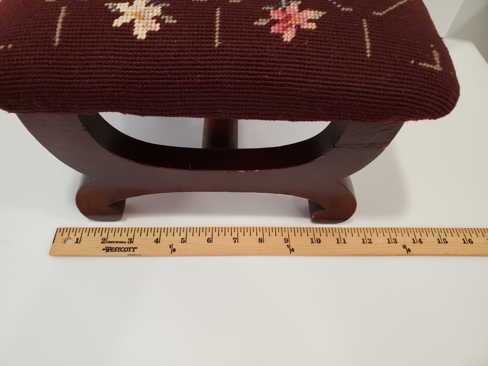 Vintage Needlepoint Foot Stool Ottoman Floral Burgundy Mahogany base