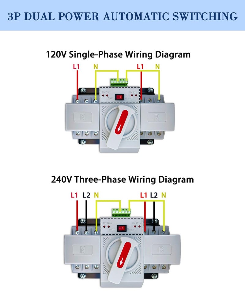 63A Automatic Transfer Switch for Generator, 3P, 120/240V Dual Power Generator T
