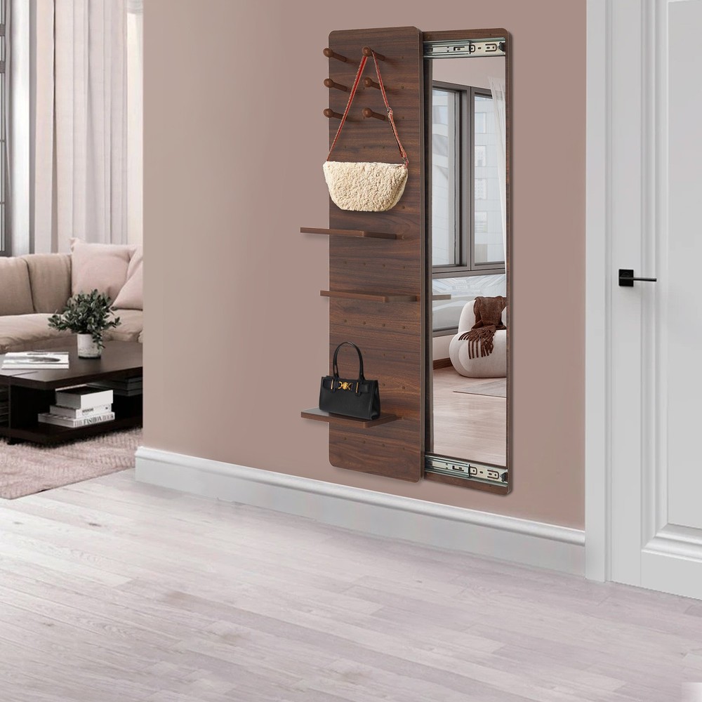 Hide Wall-mounted Full-length Dressing Mirror With Shelves Hooks And Slide Rail