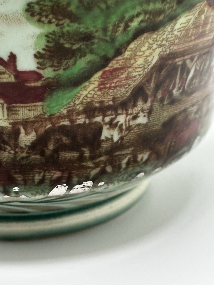 Rare Silver Overlay Pastoral Scene Poly Brown Transferware Cup