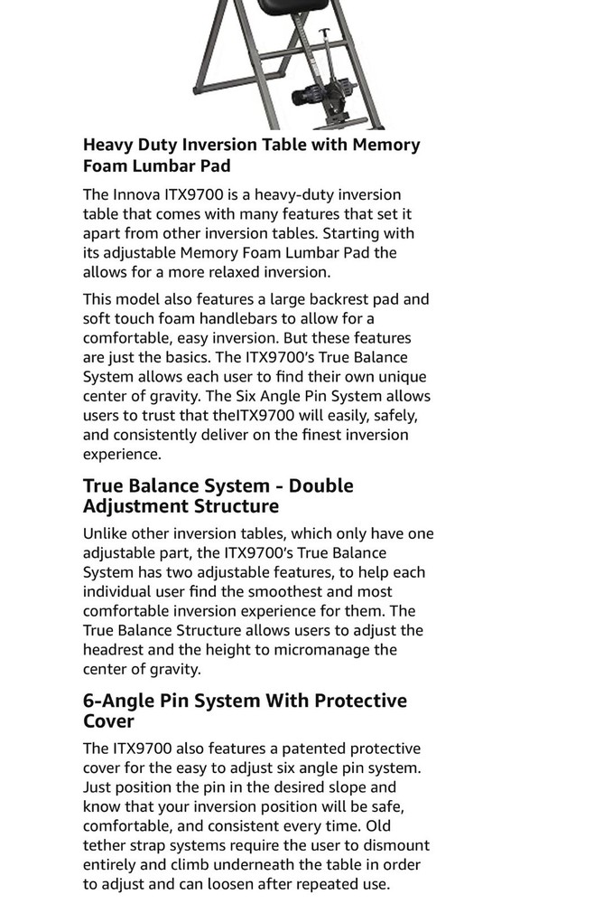 Innova Inversion Table with Memory Foam Lumbar Pad