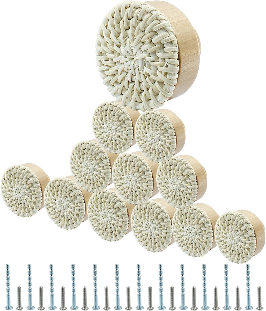 12pcs Rattan Dresser Knobs - Boho Wicker Drawer Knobs, Natural Wooden Decorative