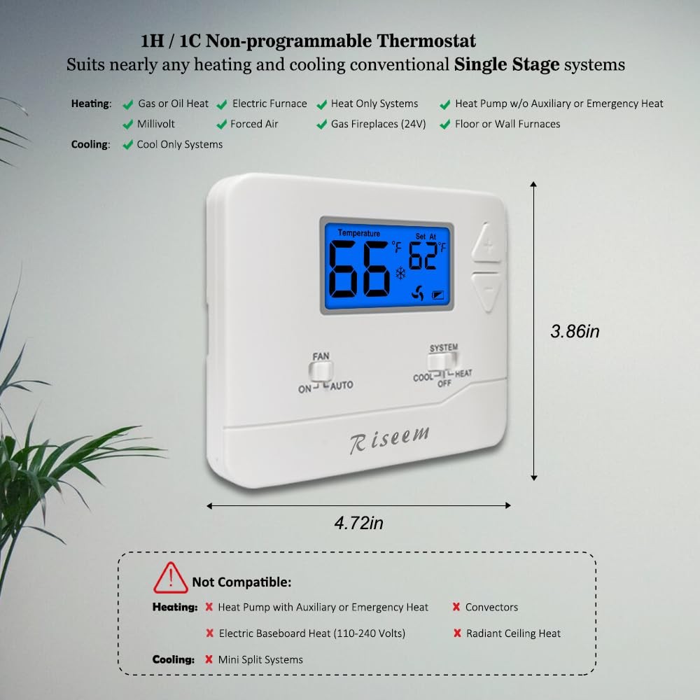 Non-Programmable Thermostat for Single-Stage Heating & Cooling, Easy Install
