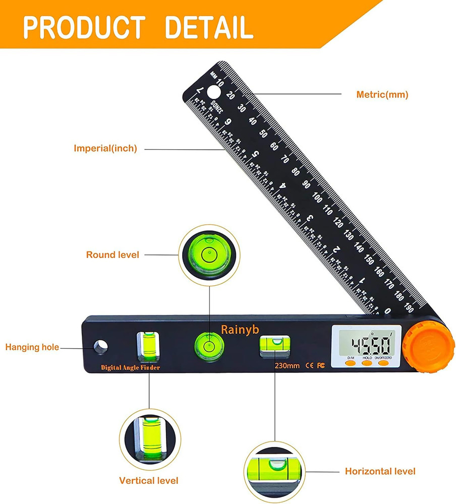 Rainyb Digital Angle Finder Tool 7Inch 0-360 Degree LED Digital Protractor with