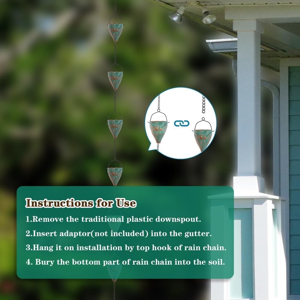 10 FT Rain Chain with Bee Pattern Cups Adjustable Decorative Gutter Rain Catch
