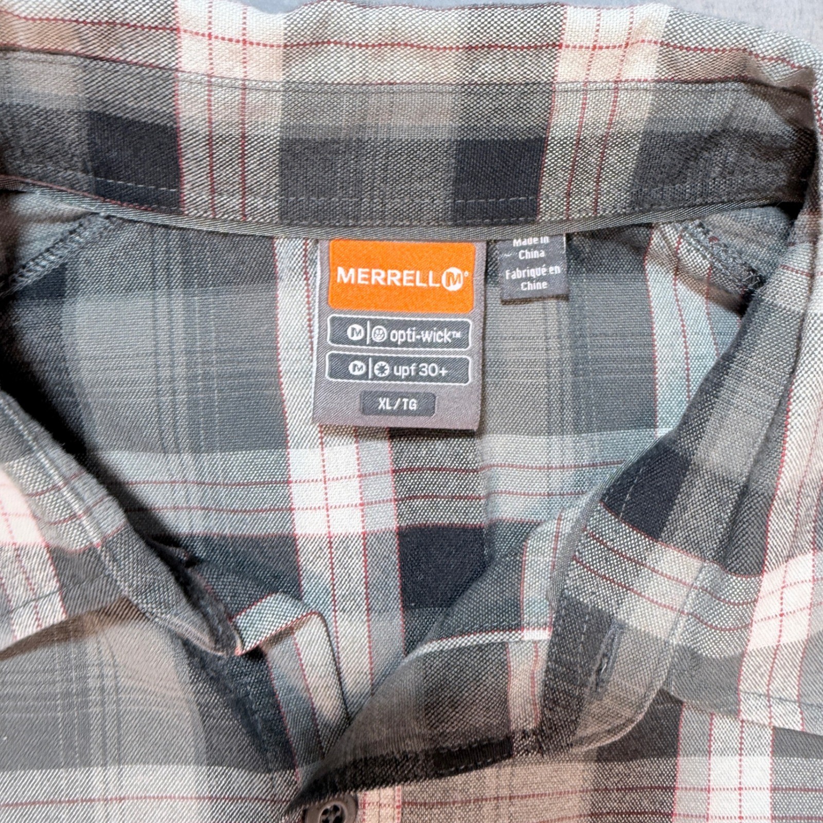 Merrell Plaid Long Sleeve Button Up Hiking Shirt XL Opti-Wick UPF 30+ Outdoor