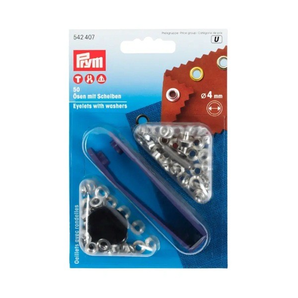 Prym One-Sided Eyelets 4mm ID, 50 Sets with Setting Tool, Silver (542407)