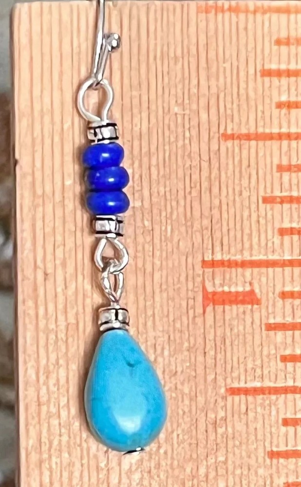 Etched Silver, Blue Stone and Turquoise Teardrop Dangle Earrings.