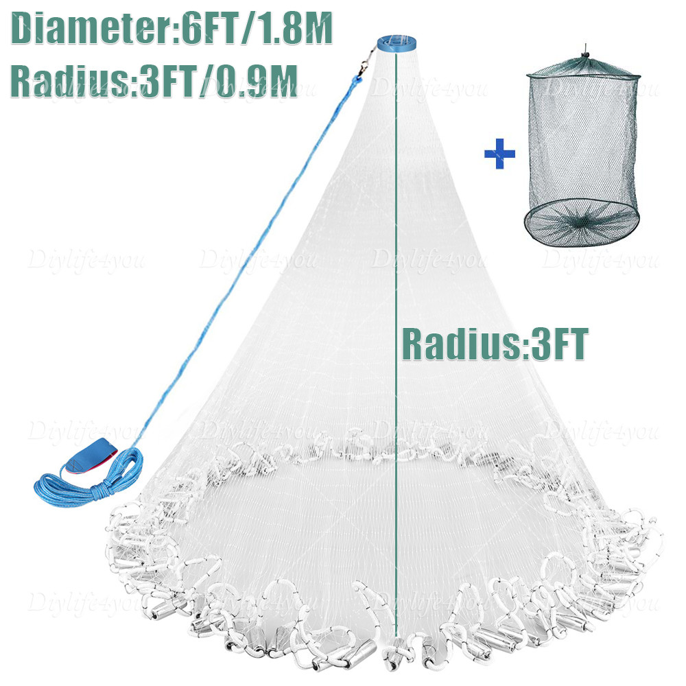 6/8/10/12/20FT Fishing Cast Net Bait Easy Throw Hand Cast Strong Nylon Trap Mesh