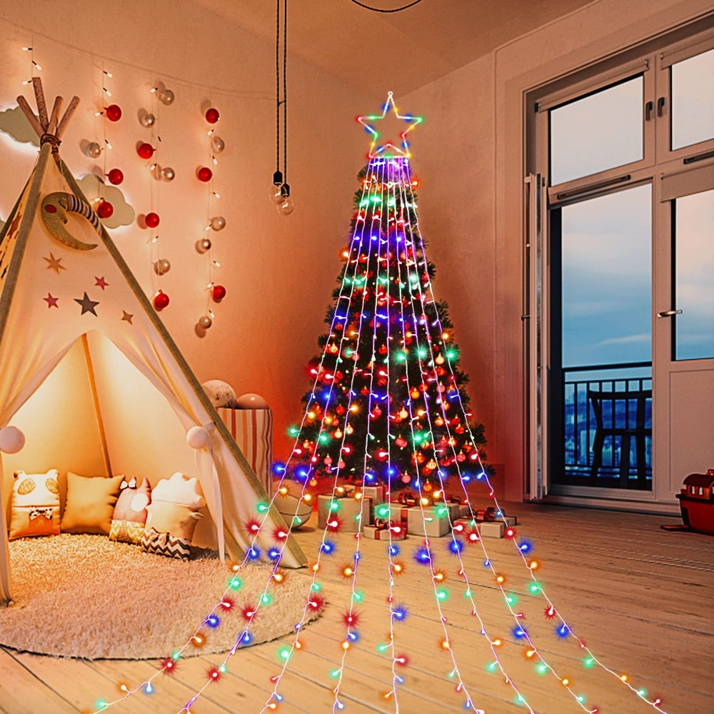 Christmas Star String Lights, 320 LED Waterfall Tree Lights with 13" Topper Star