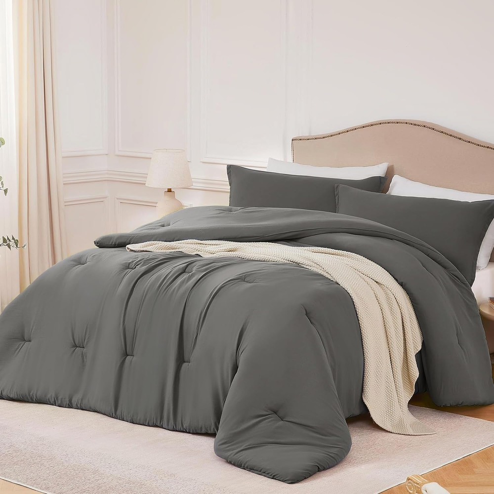 Queen Comforter Sets Grey,3Pcs Soft Lightweight Breathable Bedding Comforter Set