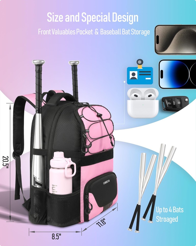 Softball Bag, Lightweight Baseball Backpack with Shoes Compartment, Baseball Bat