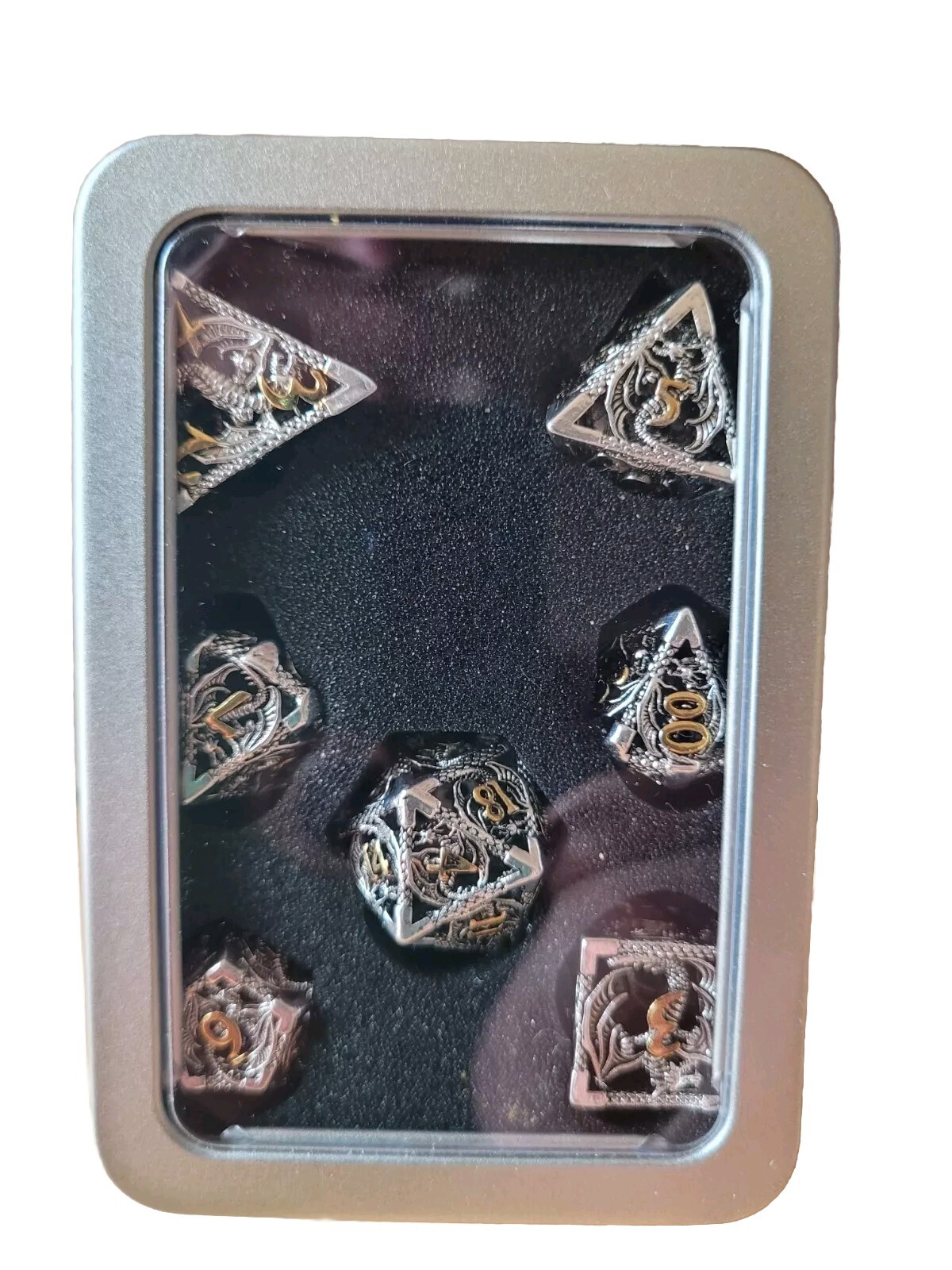 Hollow Metal Dice Set with Box, 7-Piece DND Gaming Dice for RPGs