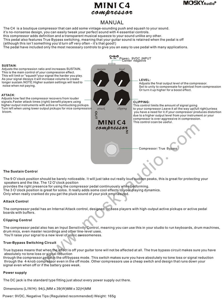 MOSKYAudio Mini C4 Compressor Guitar Effect Pedal True Bypass 4 Functional Knob
