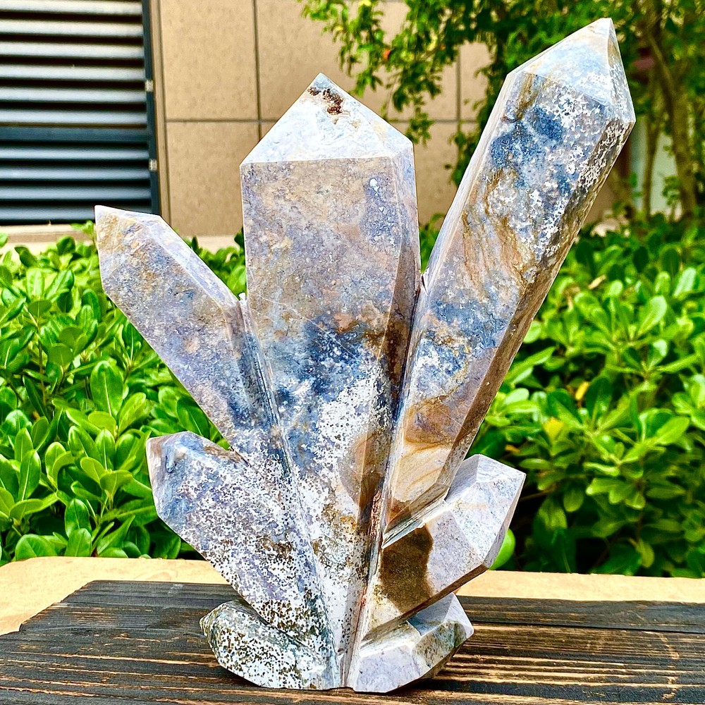 6.09LB Natural Water Grass Agate Column Quartz Multi pointed Column