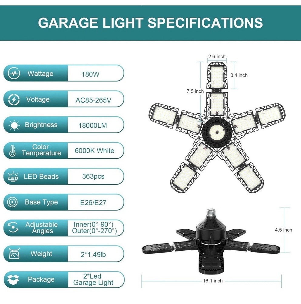 Garage Light- 2 Pack LED Bulb - Super Bright Shop Ceiling Lights Deformable