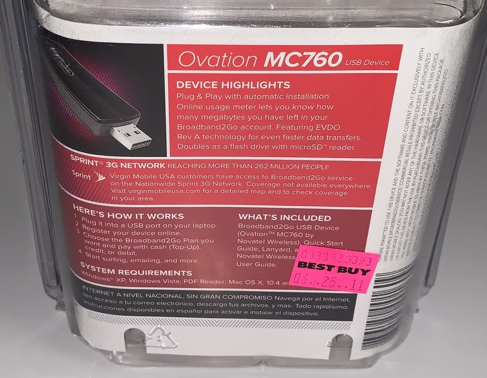 Virgin Mobile Ovation MC760 3G Broadband2Go USB Device *New Sealed*