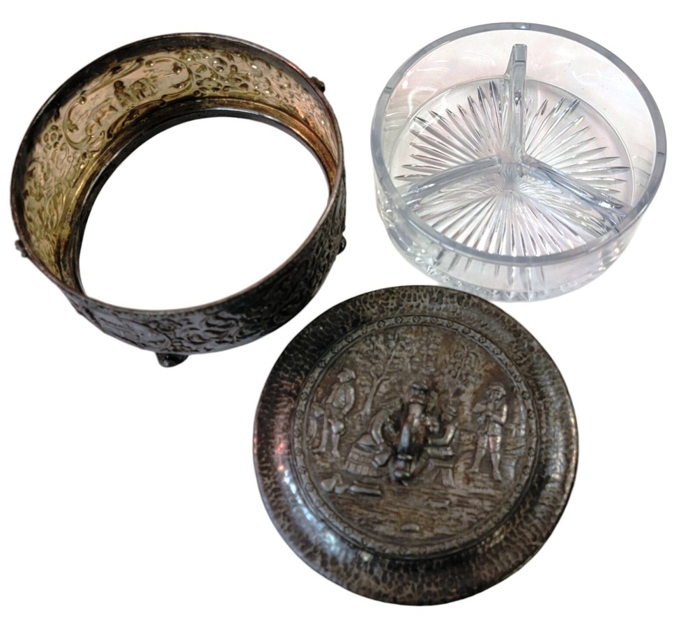 Antique Lidded Candy Dish Dutch Repousse Derby Silver Plated 20's Glass Insert