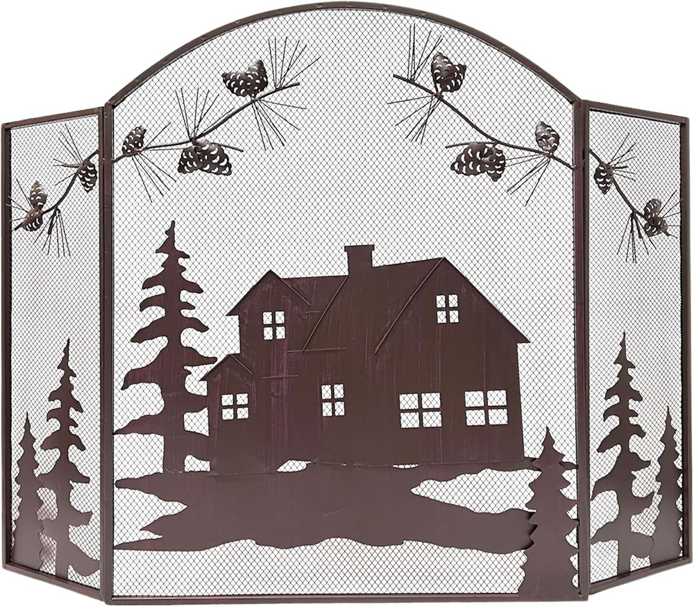 3-Panel Fireplace Screen Decorative with House Cabin Lodge Pine Cone Design - St