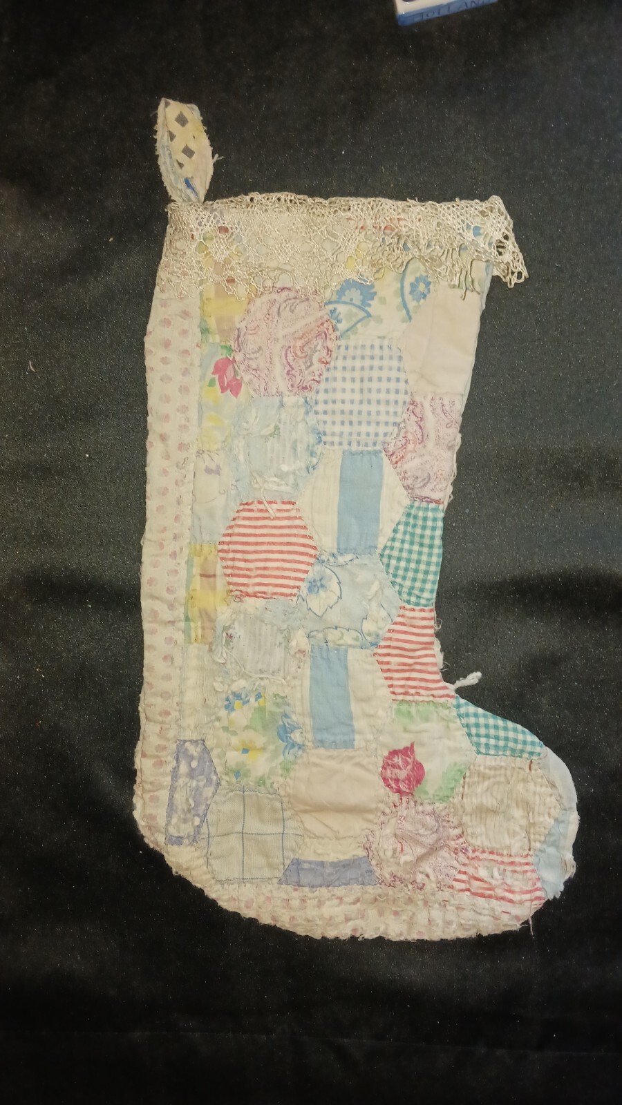 Antique Hand Stitched Quilted Christmas Stocking Flour Sack Rustic Cottage 1940s