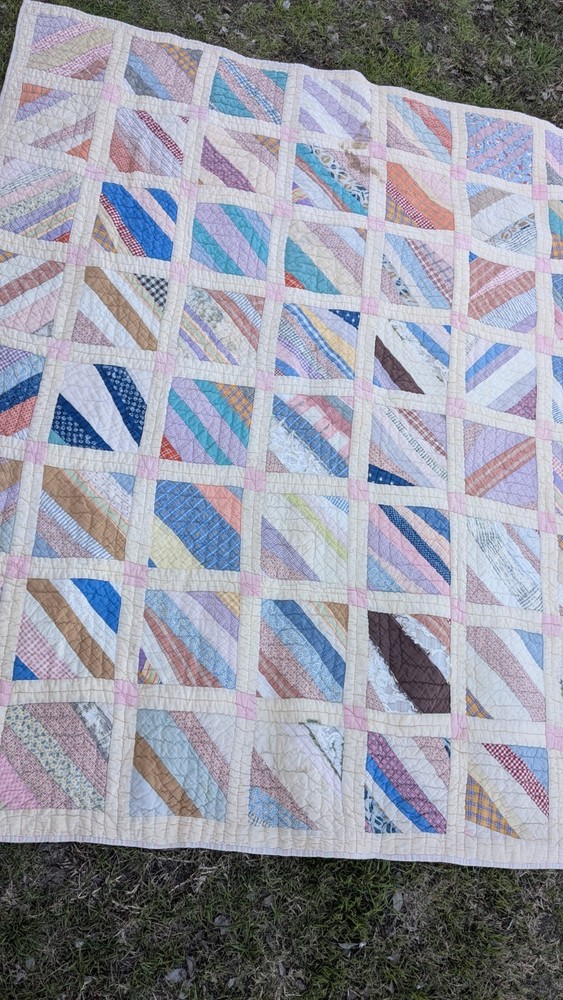 Antique 1920 Patchwork Quilt 64"X78 String Pieced Blocks