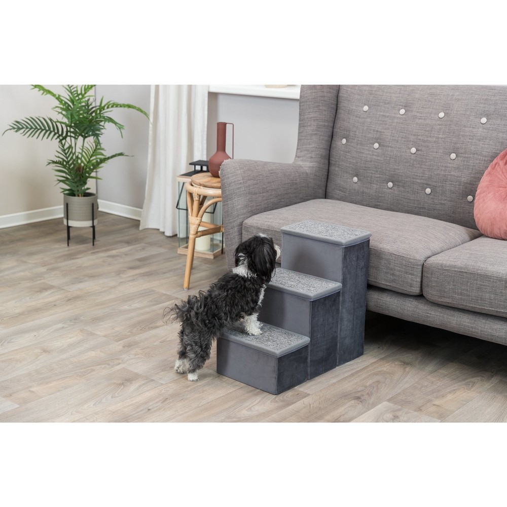 3-Step Foldable Velour Pet Stairs W/ Storage Gray
