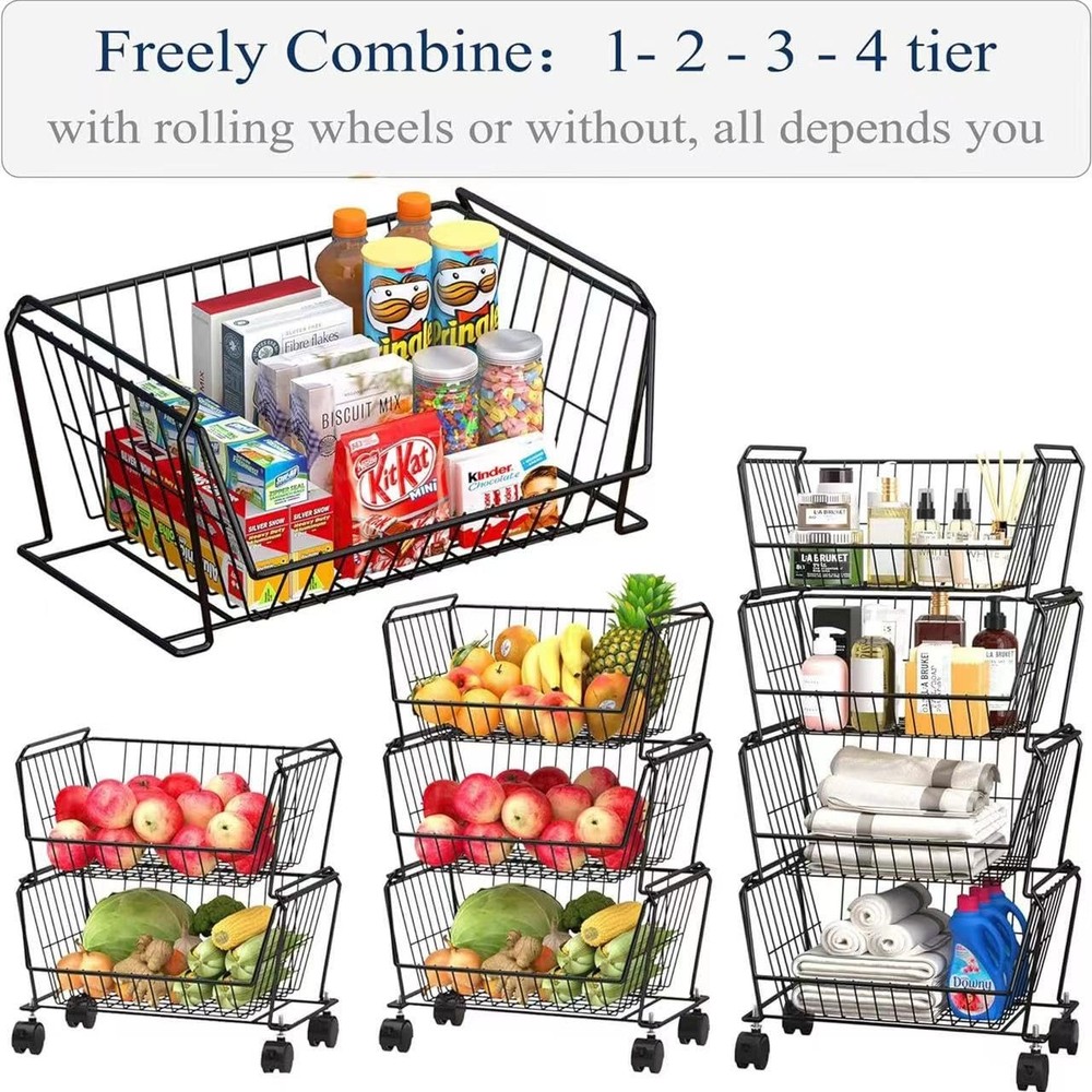 4-Tier Spacious Stackable Wire Storage Baskets with Wheels, Metal Rolling Uti...