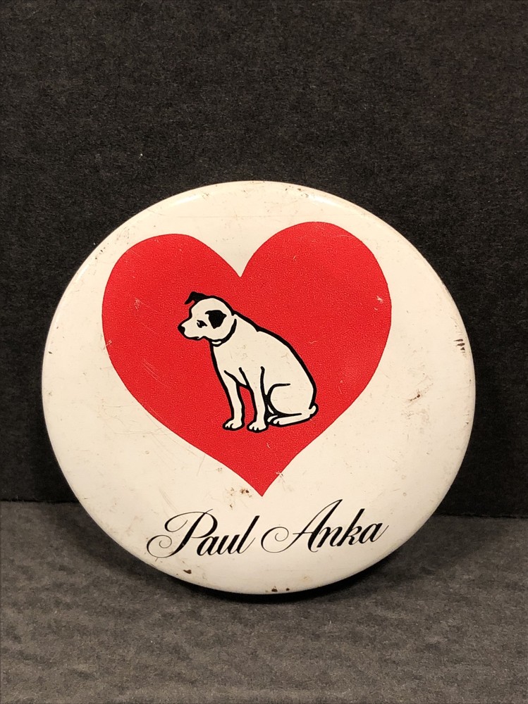 Vintage Paul Anka  2 inch Button Badge Pin Heart Dog RCA records
