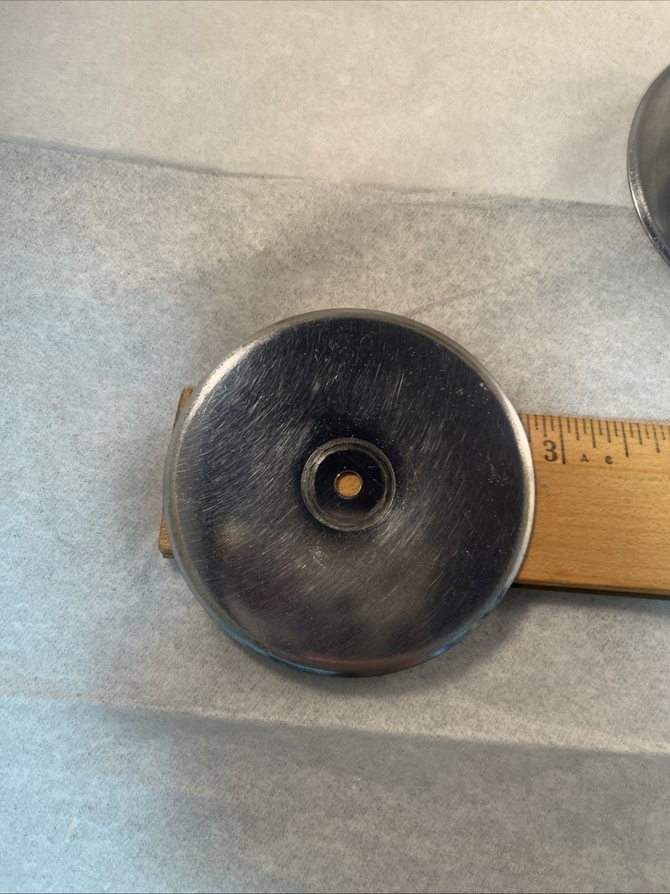 4 Vintage AJAX Shiny Chrome Beveled Concave 2" Round Knobs & 2.75” Back Plates