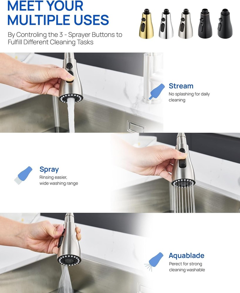 Pull Down Kitchen Faucet Sprayer Head Replacement Part with 15 Adapters, 3 Fu...