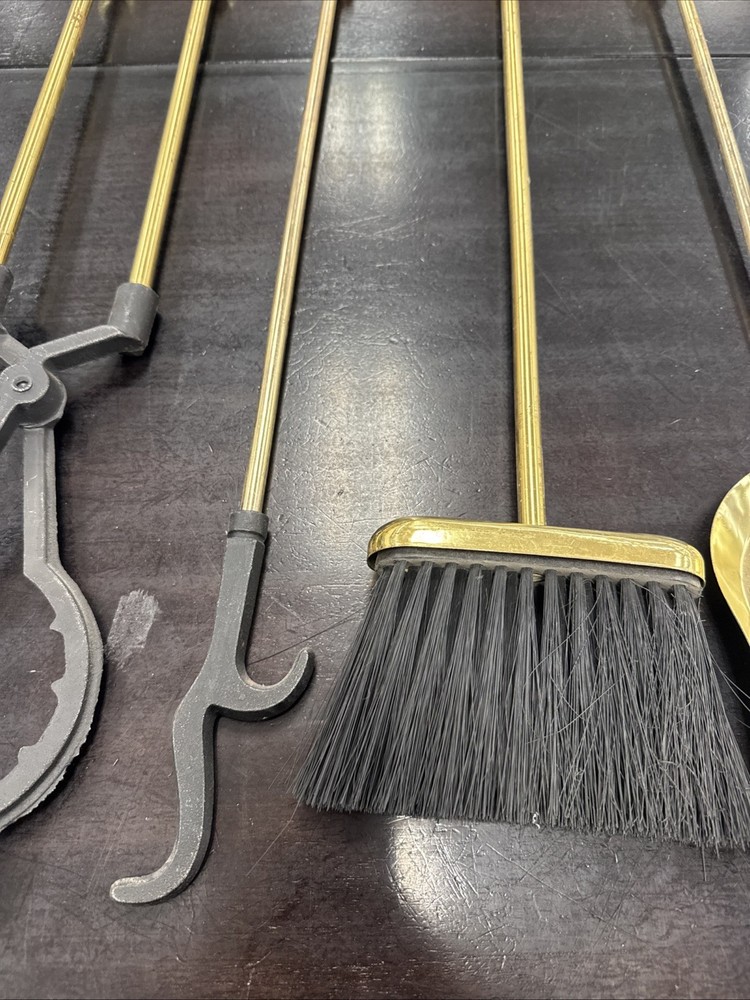 Vntg MCM Brass Marble 4-pc Fireplace Tools