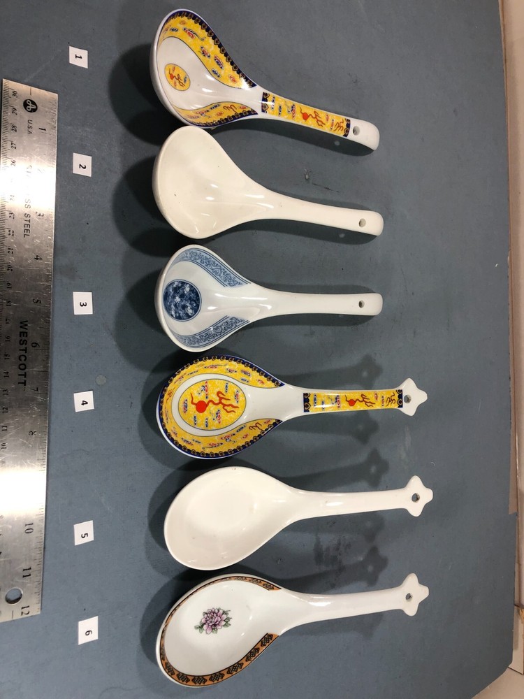6 Large Different pattern Chinese Ceramic Serving Soup Spoons . choice of 2 each