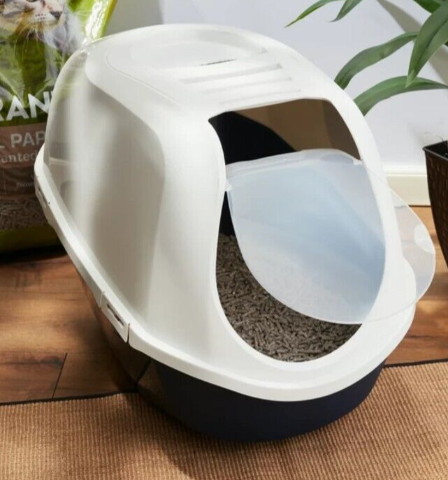 Mega Smart Cat Cove Enclosed Cat Litterbox, Navy & White