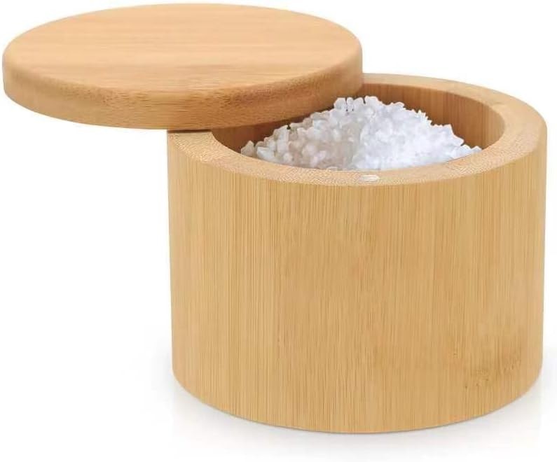Salt Cellar Bamboo Salt Container W/ Lid Solid Salt Box Holder W/ 360° Swivel