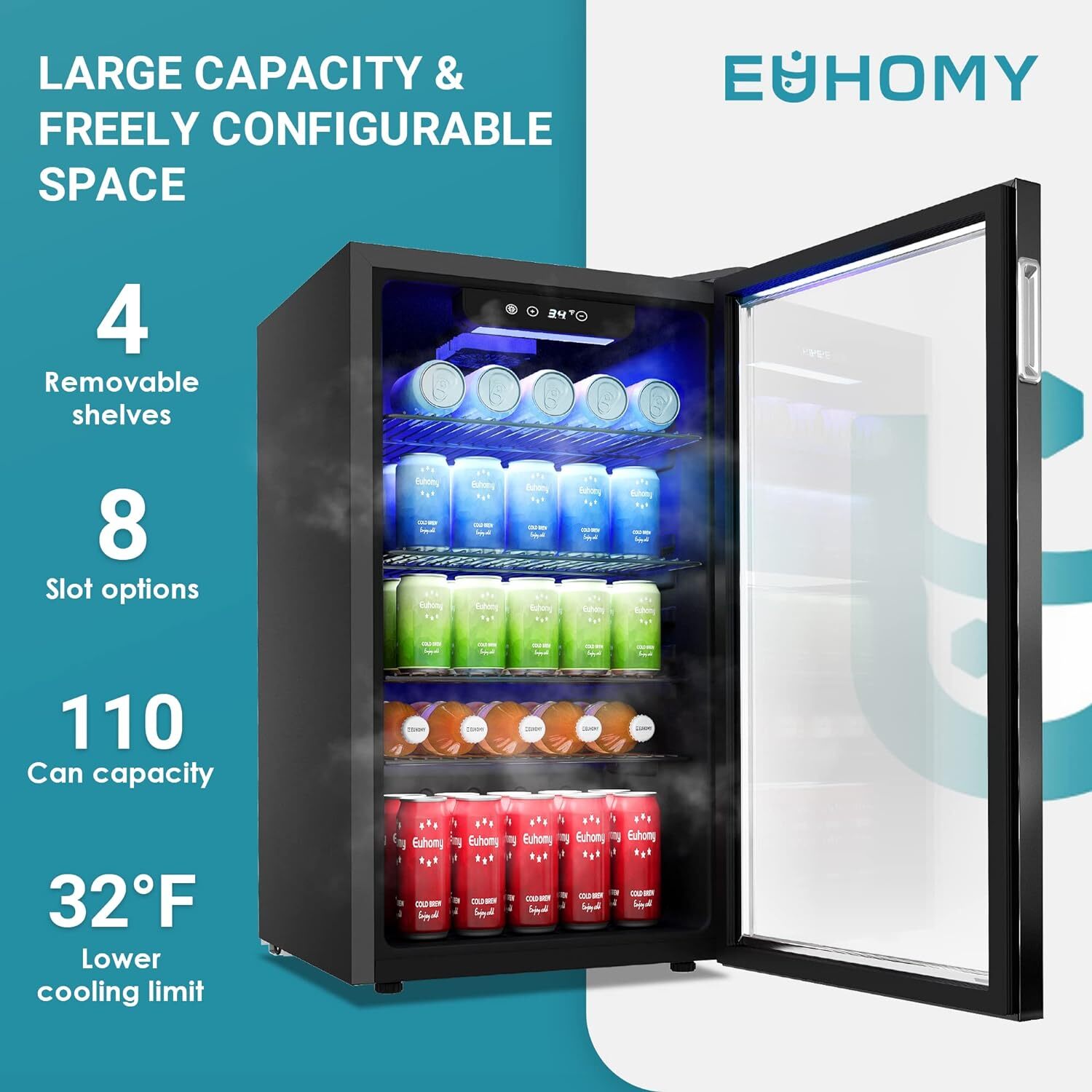EUHOMY Beverage Refrigerator Cooler, 126 Can with Glass Door, Shelves