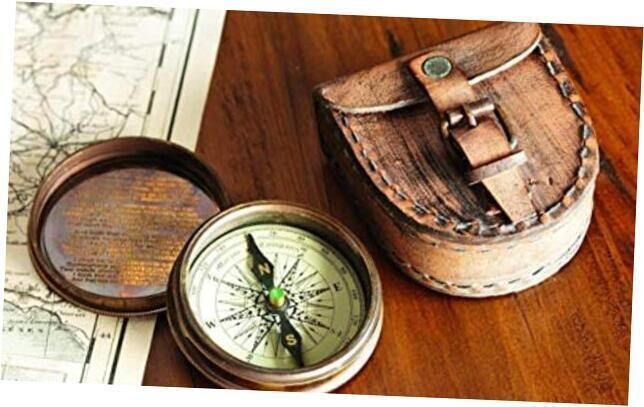 Antiqued Nautical Brass Poem Compass with Leather Case