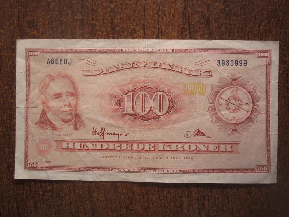 SUFFIX OJ 1965 REPLACEMENT NOTE DENMARK 100 KRONER