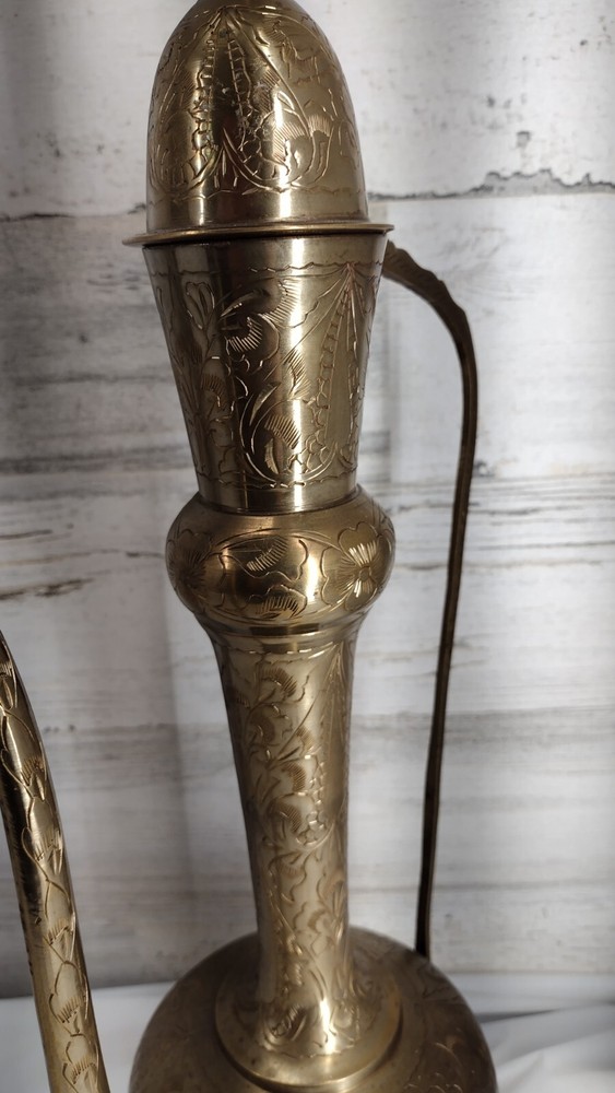 Large Etched Antique Middle Eastern Solid Brass Tea Coffee Pot Pitcher Vase 18IN