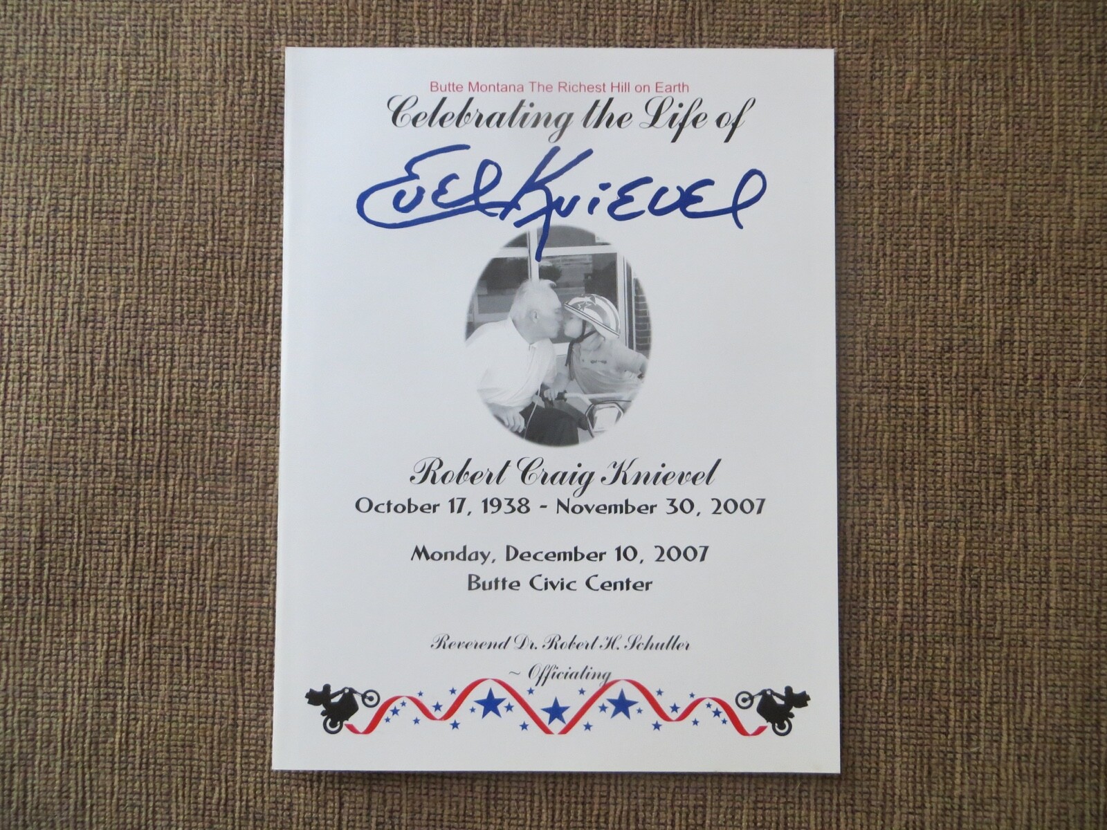 EVEL KNIEVEL 2007 ORIGINAL FUNERAL PROGRAM FROM BUTTE, MT-CREATED BY FAMILY.