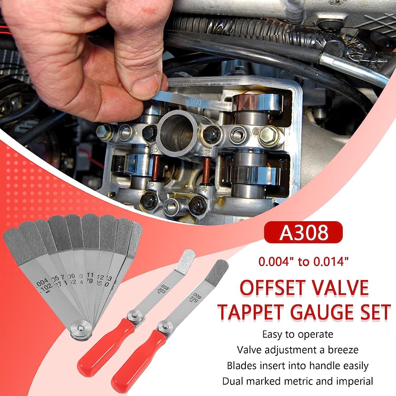 A308 Offset Valve Tappet Gauge Feeler Gauge Set 11 Blade Offset 0.004" to 0.014"