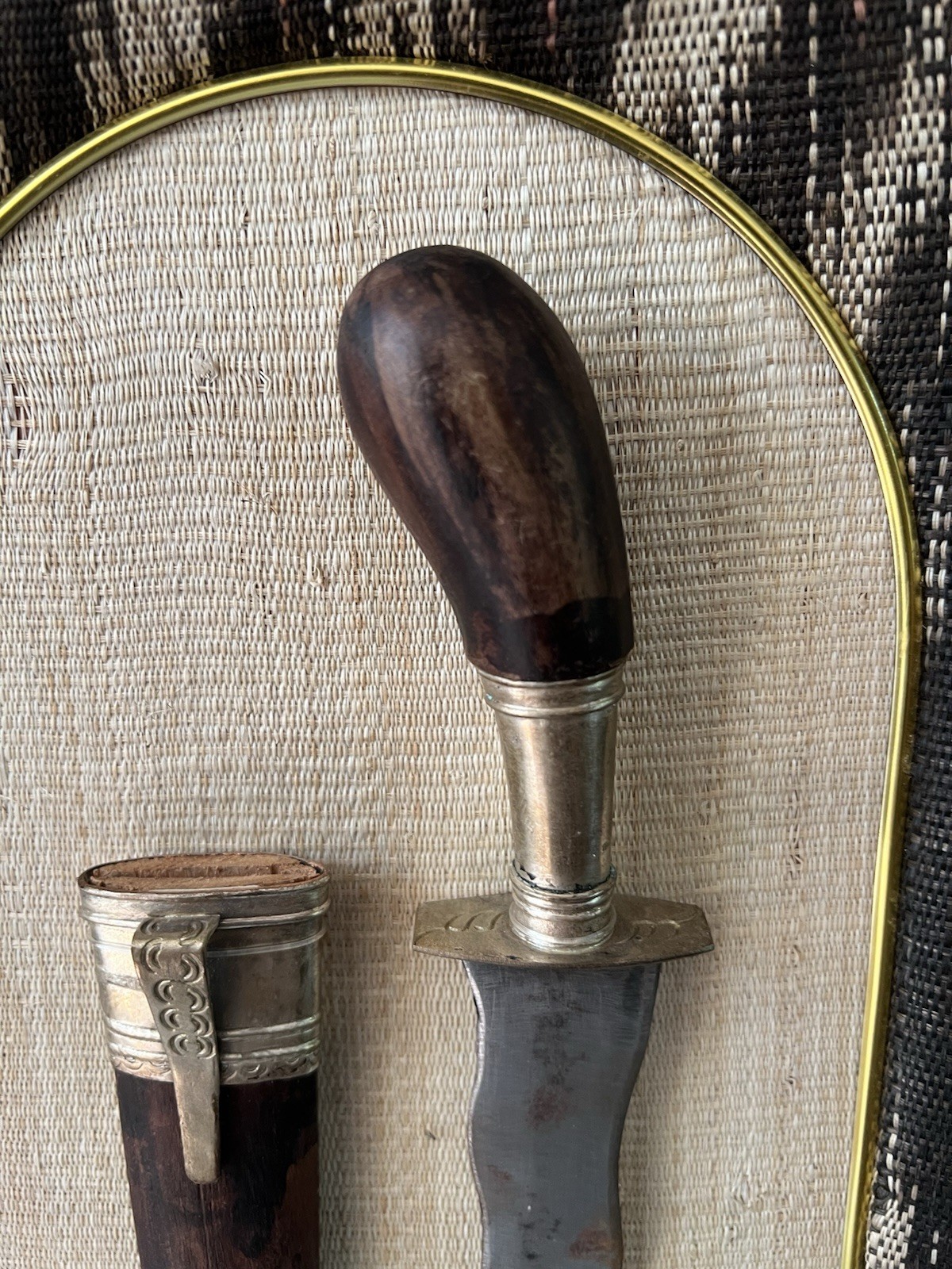 Antique Philippine Moro Islamic Gunong Punal Dagger, mounted and framed