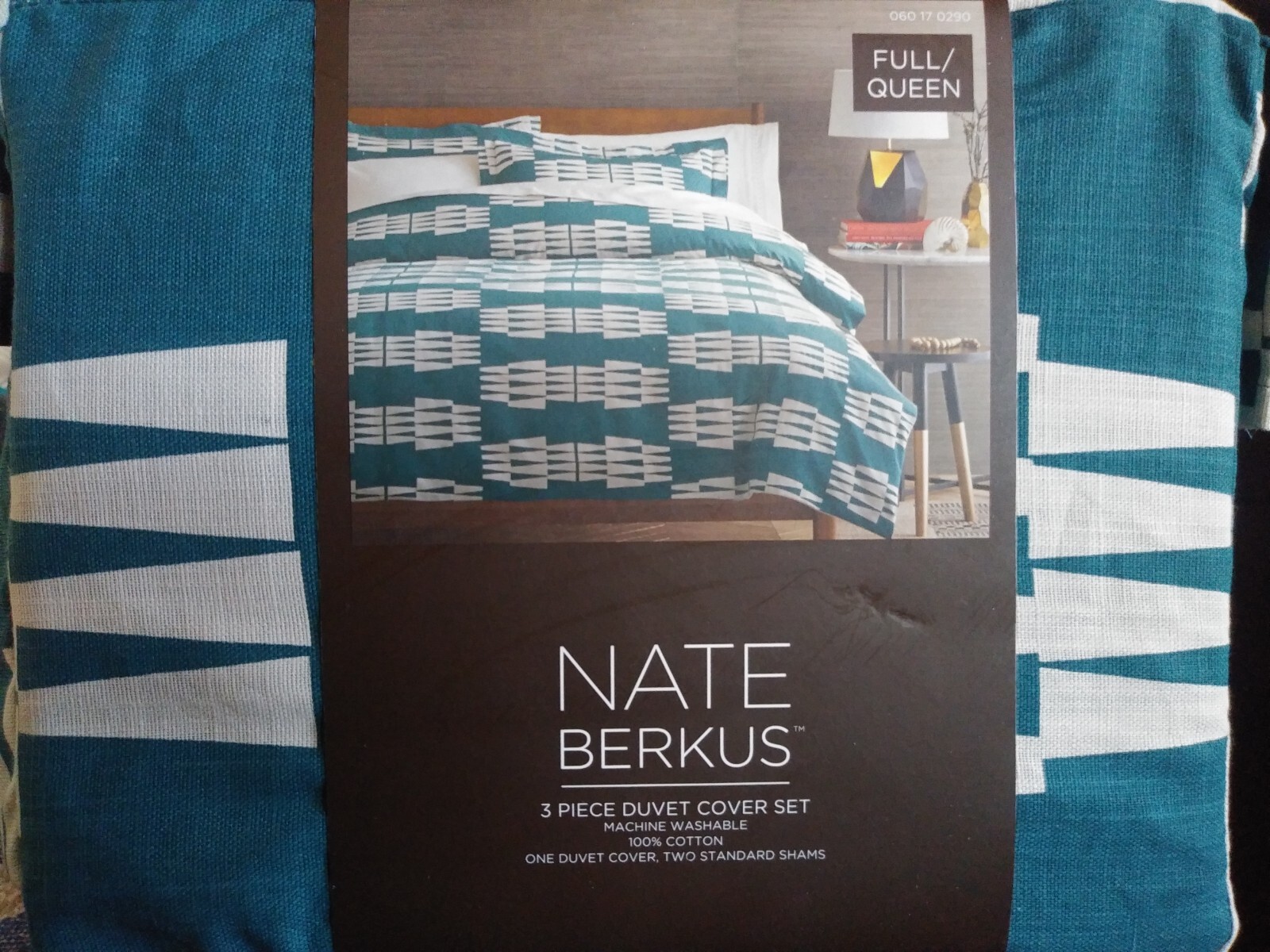 Brand New NATE BERKUS 3pc F/Q Duvet set Ogee Teal Ivory 100% COTTON