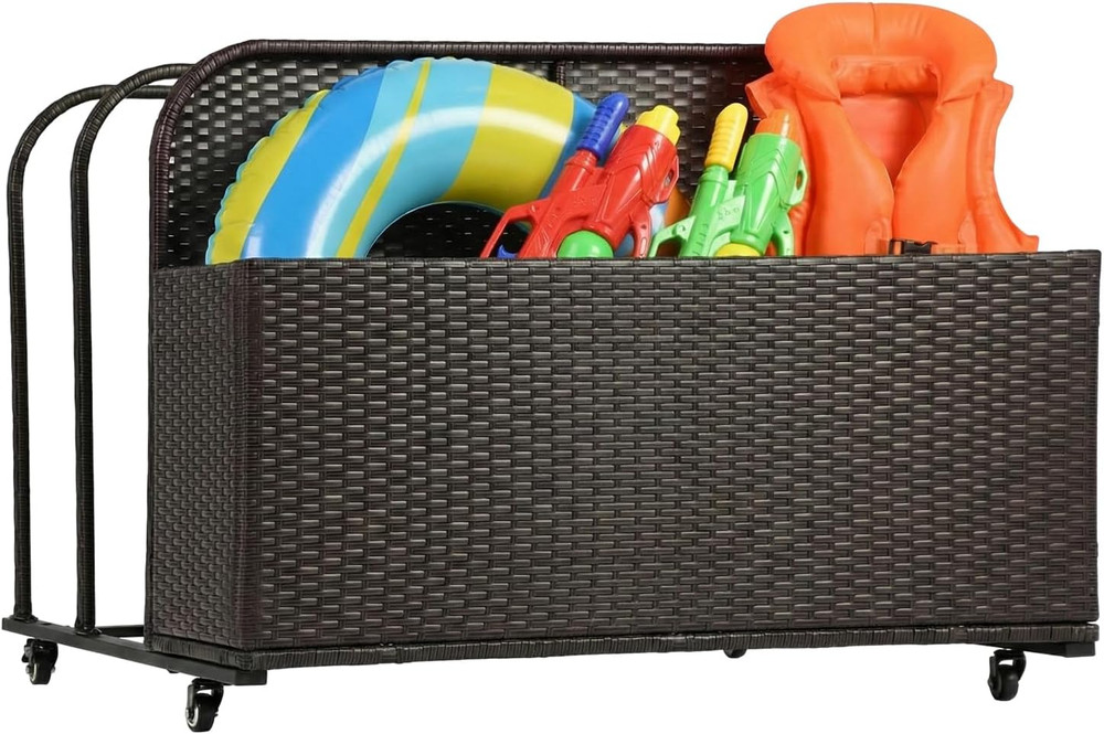 Pool Float Storage Poolside Storage Bin Holder Storage Rack with Wheels PE Ratta