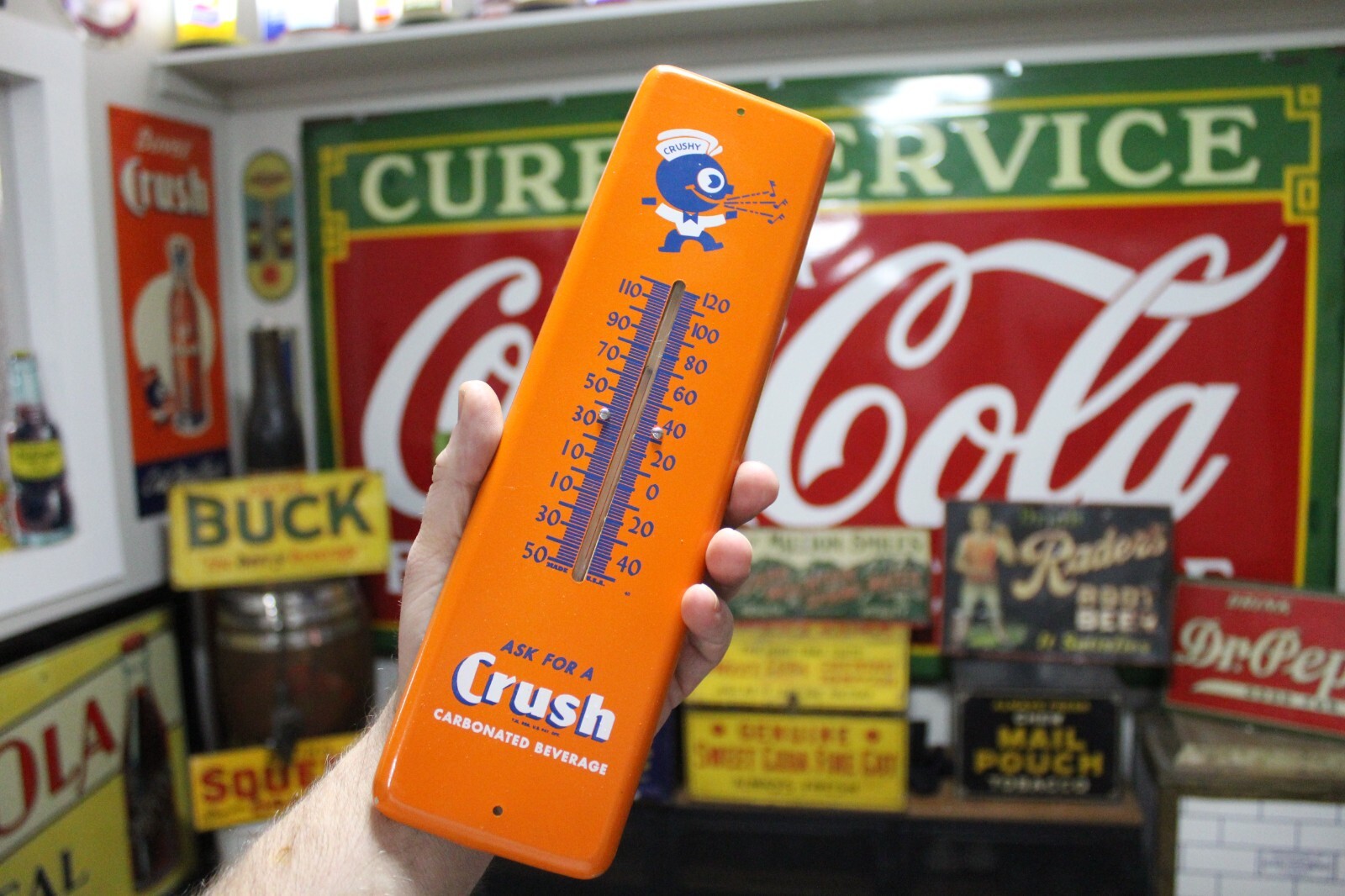 SCARCE 1950s ORANGE CRUSH SODA POP PAINTED METAL THERMOMETER SIGN PEPSI COKE RC
