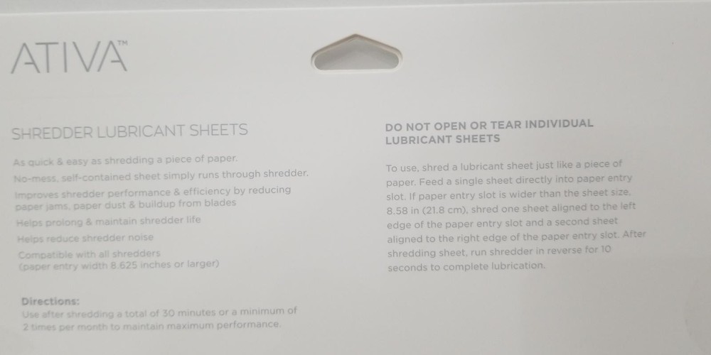Ativa Shredder Lubricant Sheets 12 Counts